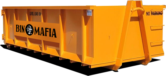 Orange branded Bin Mafia 8 yard concrete rock box for heavy material